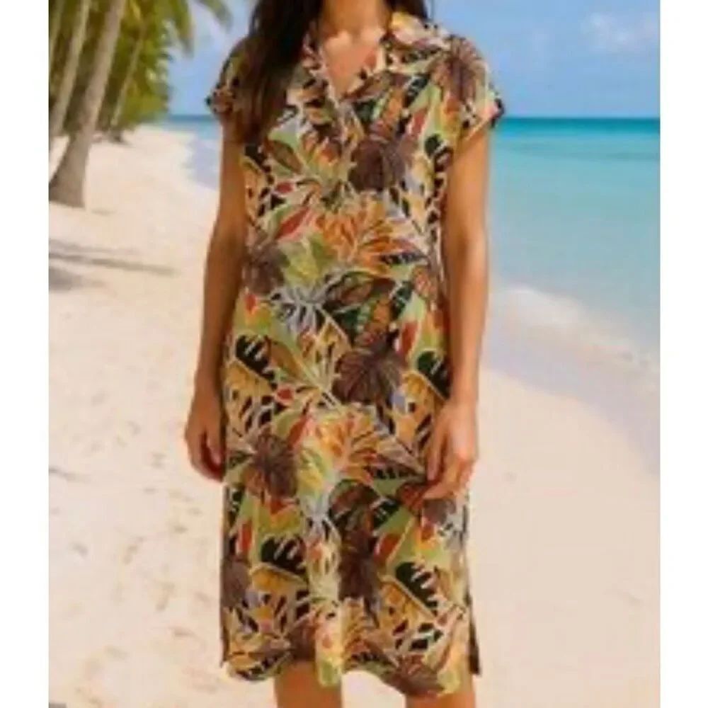 C&C linen tropical collared midi dress M